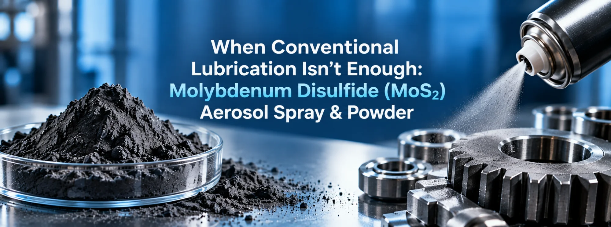 Molybdenum Disulfide solid lubricant powder and aerosol spray for industrial friction and wear protection